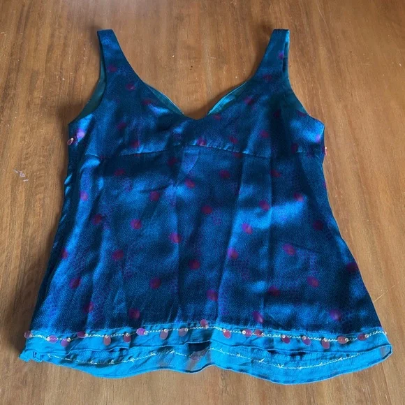 Vintage Laundry By Shelli Segal Blue tank with pink Accents medium side zip silk - Picture 6 of 9